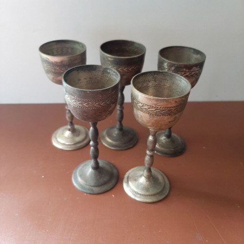 Old engraved liqueur glasses, set of 5, patina