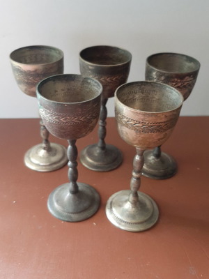 Old engraved liqueur glasses, set of 5, patina