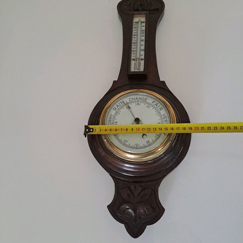 Vintage aneroid barometer with thermometer used, hand-carved wood case