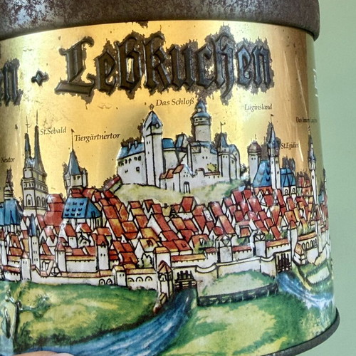 Vintage metal tin box Haeberlein-Metzger with Nuremberg city illustration