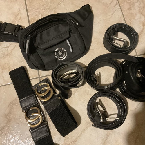 Set of 9 belts with new Polo Star waist bag and scarf, like new