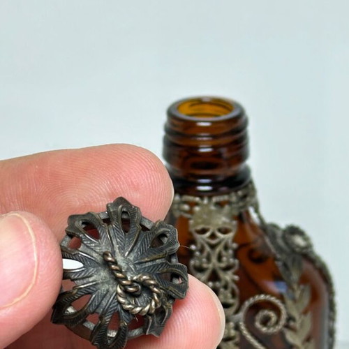 Vintage amber glass flask with filigree metalwork, 1930-1950