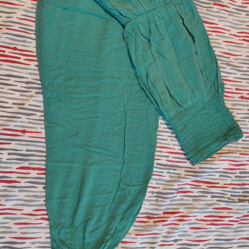 Strapless jumpsuit used, green, soft elastic bust, wide legs