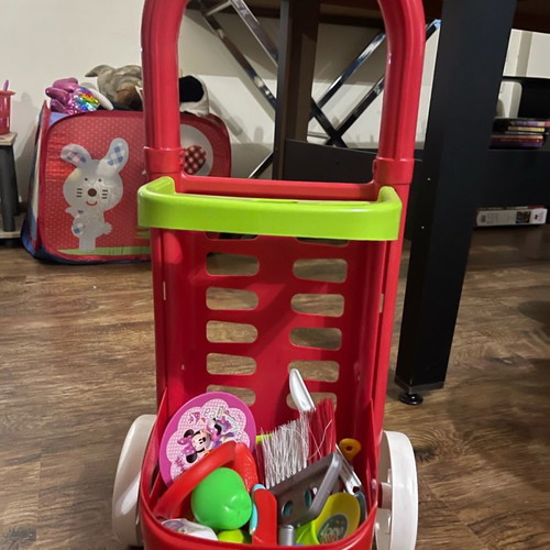 Supermarket shopping cart toy used with various kitchen utensils