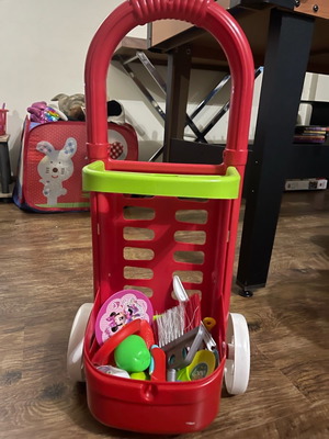 Supermarket shopping cart toy used with various kitchen utensils
