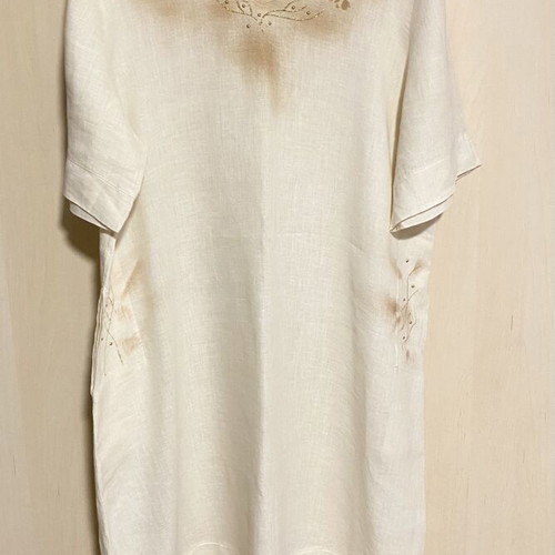 Mariluna Linen Long Dress New, White with Gold-Brown Details