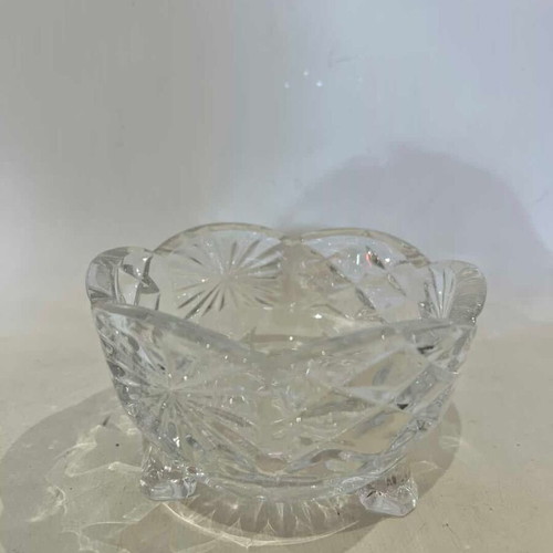 Vintage crystal fondue bowl with engraved designs used
