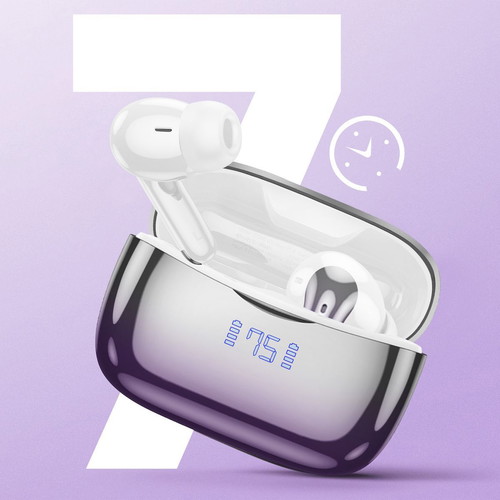 Bluetooth 5.3 Hoco earbuds with ANC+ENC, charging case and purple battery LED display