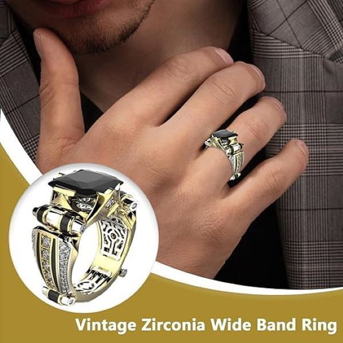 Men's vintage ring with rectangular black zircon new, gold and silver