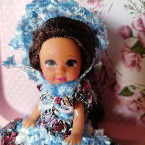 Miniature Doll New with Handmade Dress and Hat 10cm