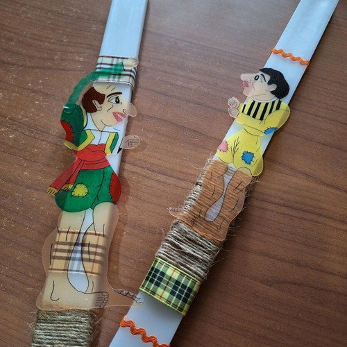Handmade candles with Karagiozis figures and glued decoration new