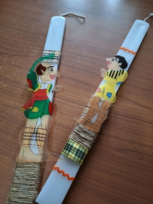 Handmade candles with Karagiozis figures and glued decoration new