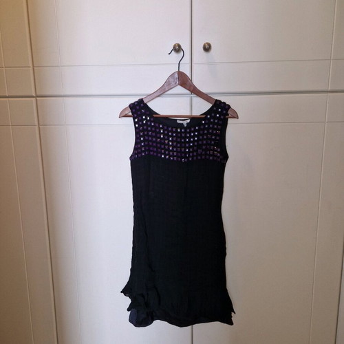 GF Ferre dress used, size Small, black with purple sequins