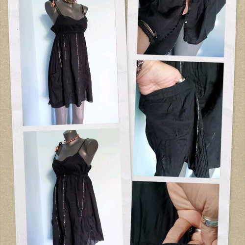 Tally Weil black cotton dress used with sequin embroidery and adjustable straps