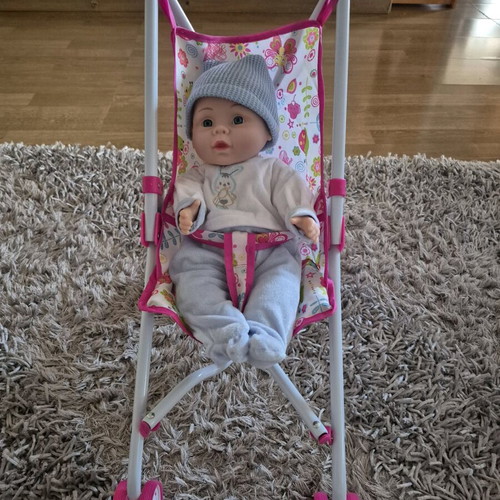 Doll Stroller in Pink with Flowers and Baby New