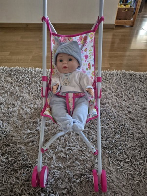 Doll Stroller in Pink with Flowers and Baby New