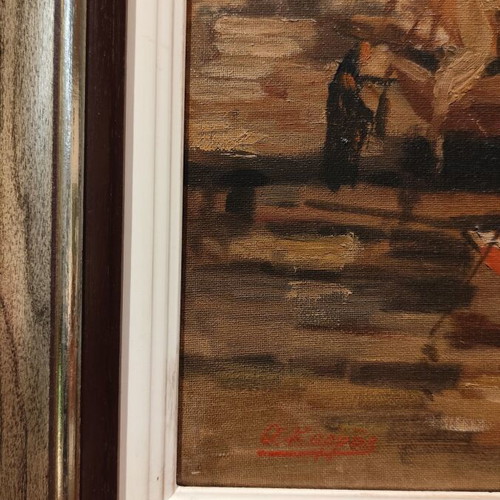 Oil painting on canvas by Antonis Karras used, seaside landscape with fishing boats