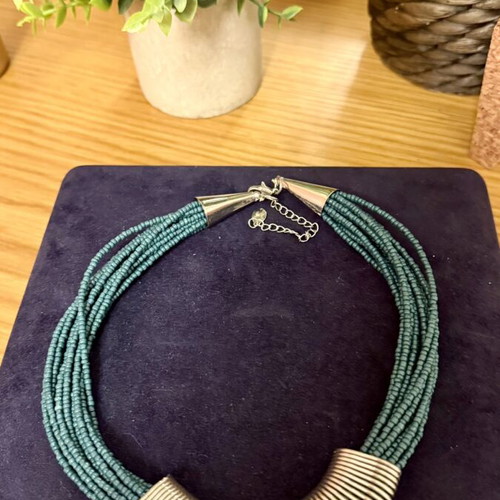 Statement necklace petrol with beads and silver metal detail like new
