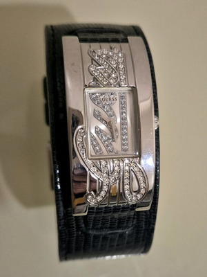 Guess γυναικείο ρολόι cuff σαν καινούργιο, μαύρο δερμάτινο λουράκι