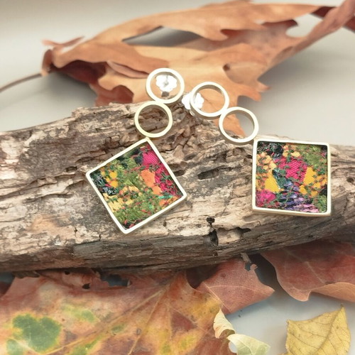 Handmade bronze earrings with fabric, silver posts
