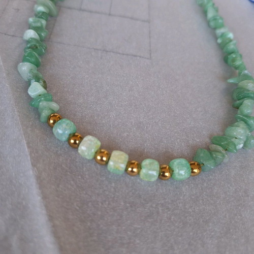Nephrite necklace with natural semi-precious stones and gold details, new