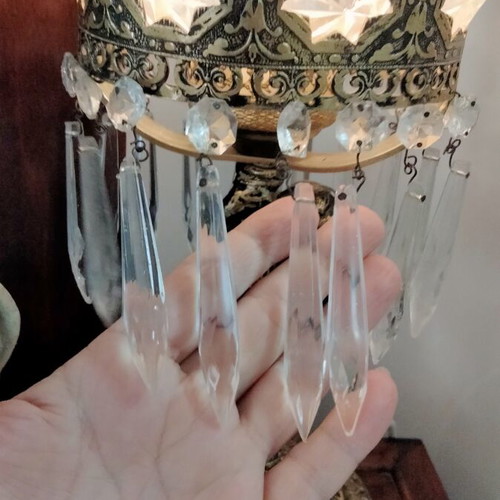 Vintage brass table lamp with cherub and hanging crystals