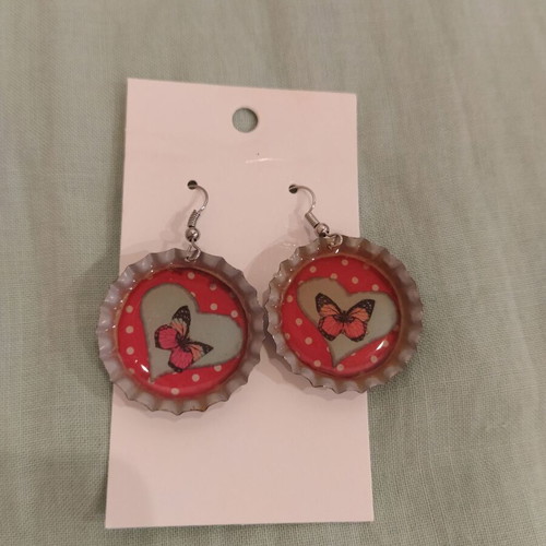 Earrings new red and white polka dot with heart and butterfly