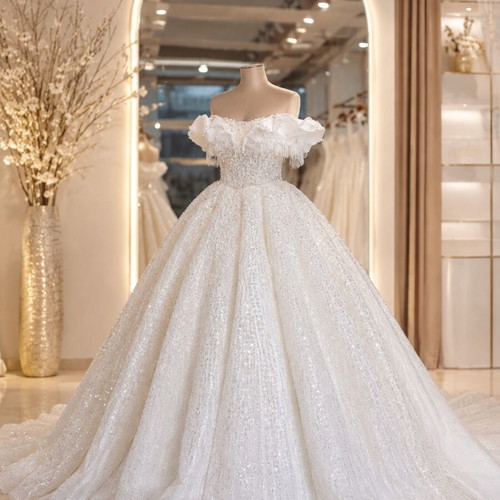 Handmade haute couture wedding dress, off-shoulder, white