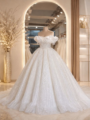 Handmade haute couture wedding dress, off-shoulder, white