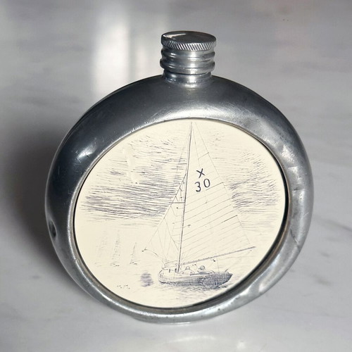 IBW Sheffield pewter flask used with nautical scene 1970s