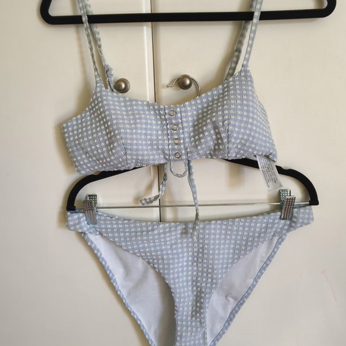Oysho bikini set blue gingham seersucker top medium slip large like new