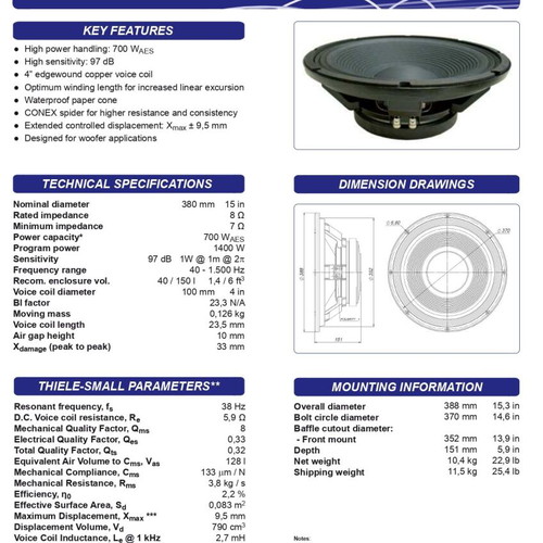 Beyma 15G40 15 inch speakers new, set of 2