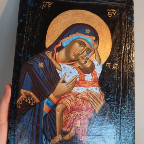 Handmade Virgin Mary icon on wood with decoupage finish