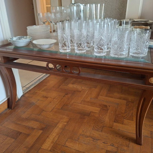Mid-Century Vintage Coffee Table used, solid walnut wood and inset glass