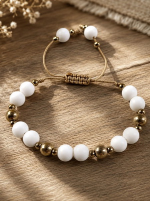 Handmade bracelet with white and gold beads adjustable cord