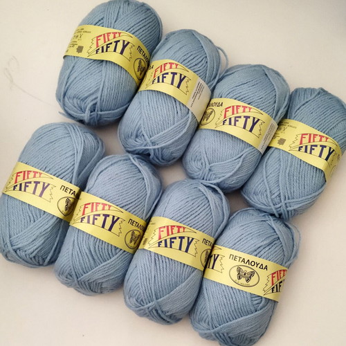 Fifty Fifty Petalouda knitting yarn set of 8, 50% wool 50% acrylic, light blue