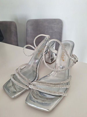 Silver high heel shoes size 39