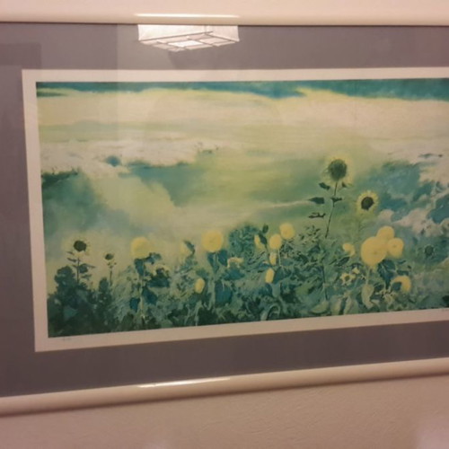 Silk screen printing used with frame and sunflowers