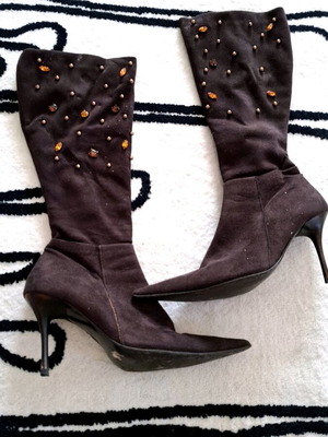 Moschoutis boots used brown with rhinestones and velvet sz39 elegant style comfortable