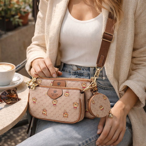 Cream Bear crossbody bag new, set with wallet and strap