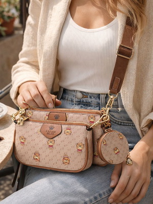 Cream Bear crossbody bag new, set with wallet and strap