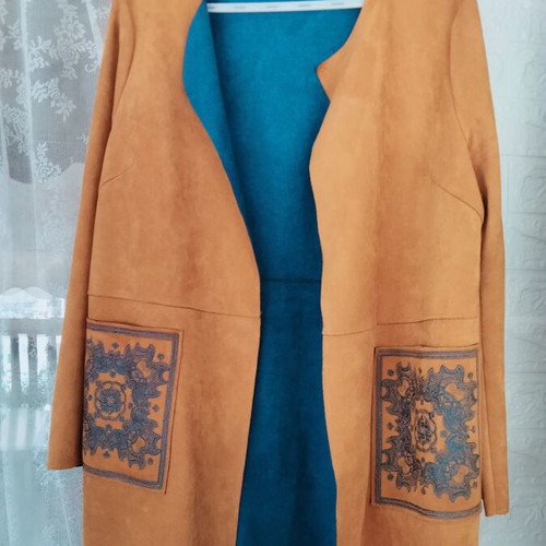 Sweet Miss suede open-front jacket XL, camel and petrol