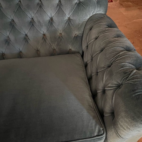 Vintage Spanish Chesterfield sofa set 3+2+armchair used, velvet petrol