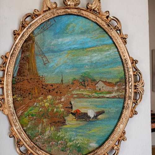 Old oil painting in bronze frame 45x32 like new