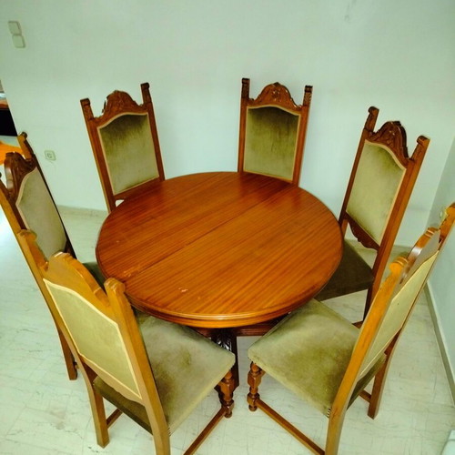 Round wooden dining set with 6 chairs classic style