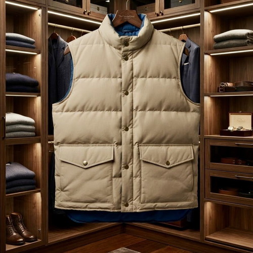 Woolrich Down Puffer Vest, tan with blue lining, size L