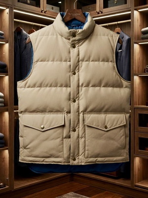 Woolrich Down Puffer Vest, tan with blue lining, size L