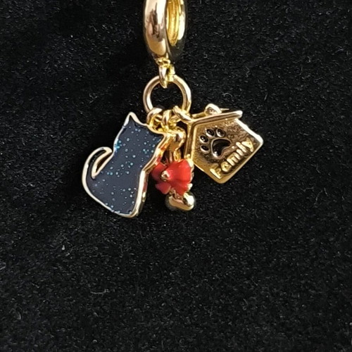 Gold Tone Necklace with Cat, House, and Red Bow Charms