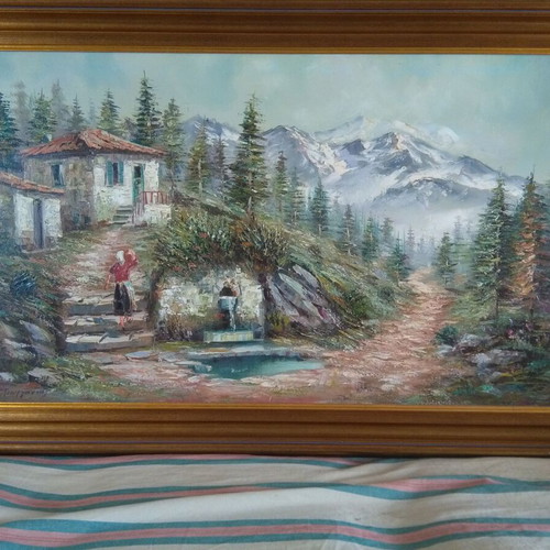 Oil painting Pigi in the village by G. Georgantas like new