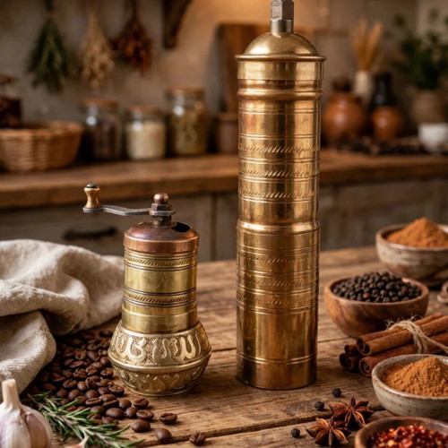 Vintage brass spice and coffee grinder set 2 pieces 1960s Ottoman style